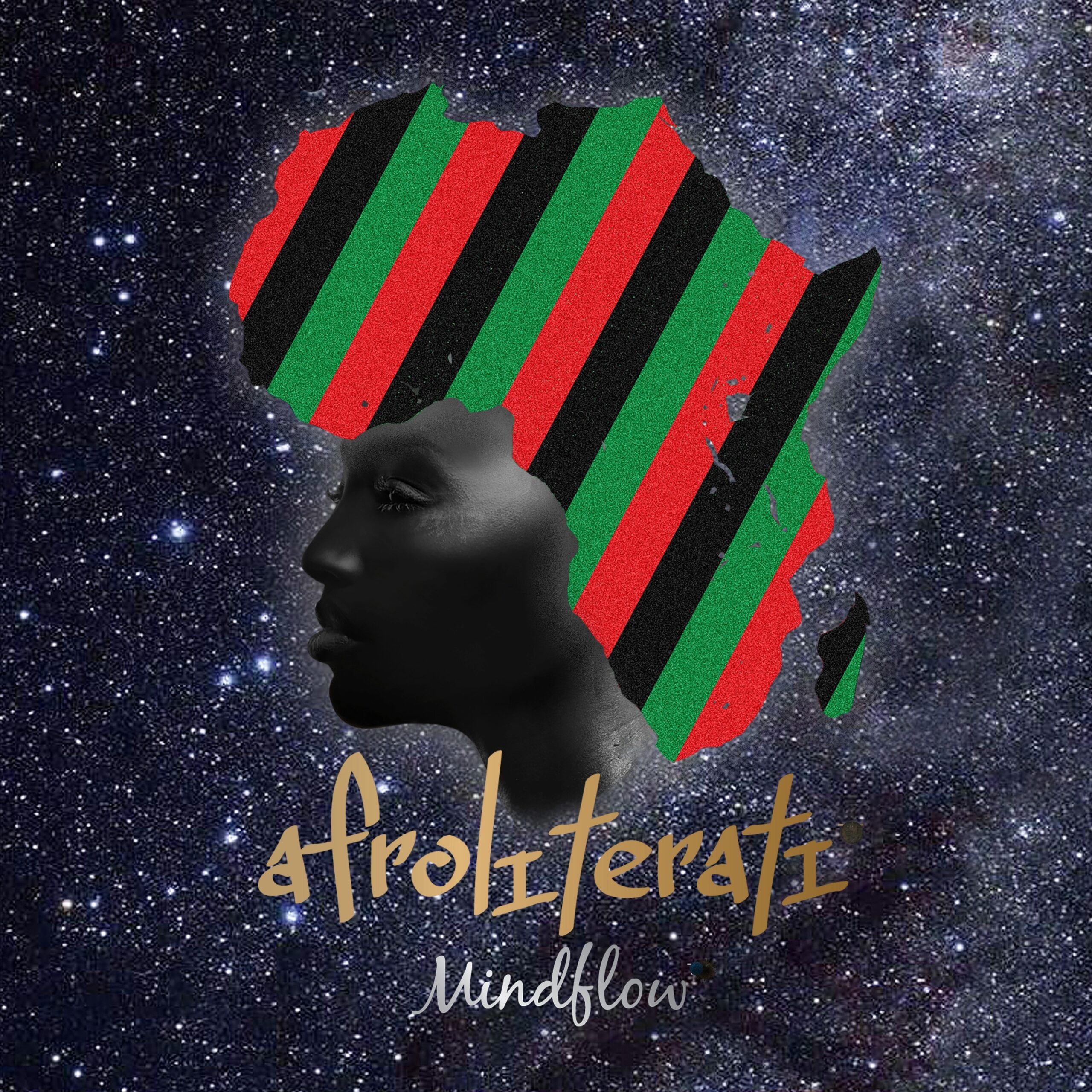 Silhouette of Africa with Pan-African colors against a starry sky.